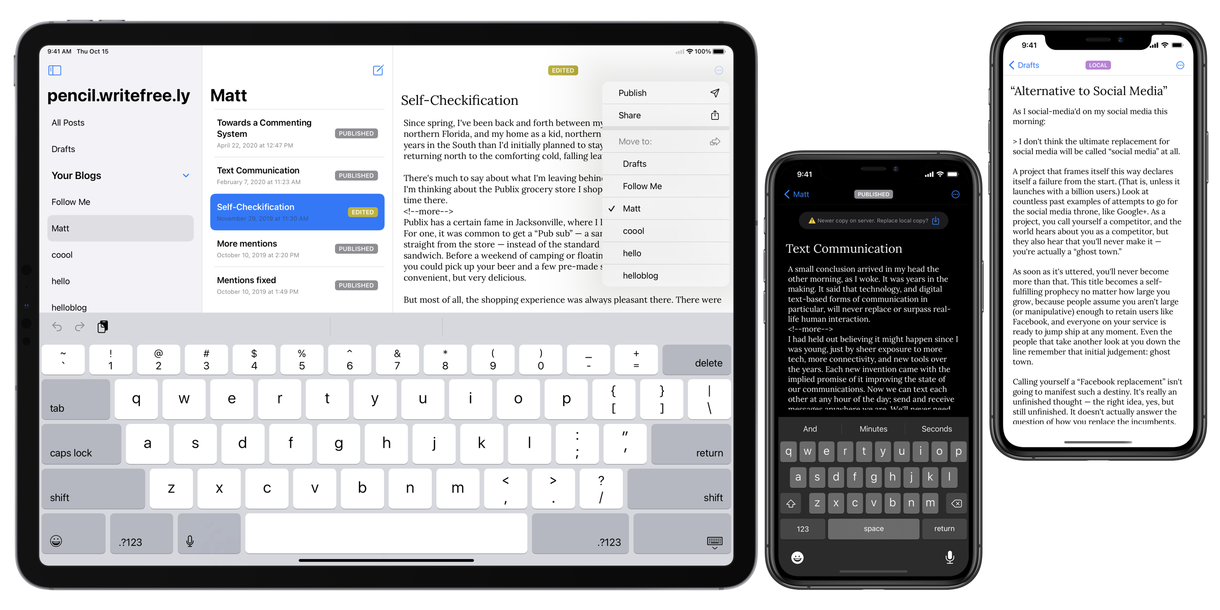 A trio of iOS devices running the WriteFreely iOS app